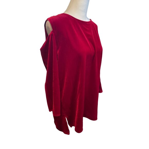 Caroline Rose Red Velvet Cold Shoulder Top MP Loose Fit Made USA Elegant Design - Picture 3 of 12
